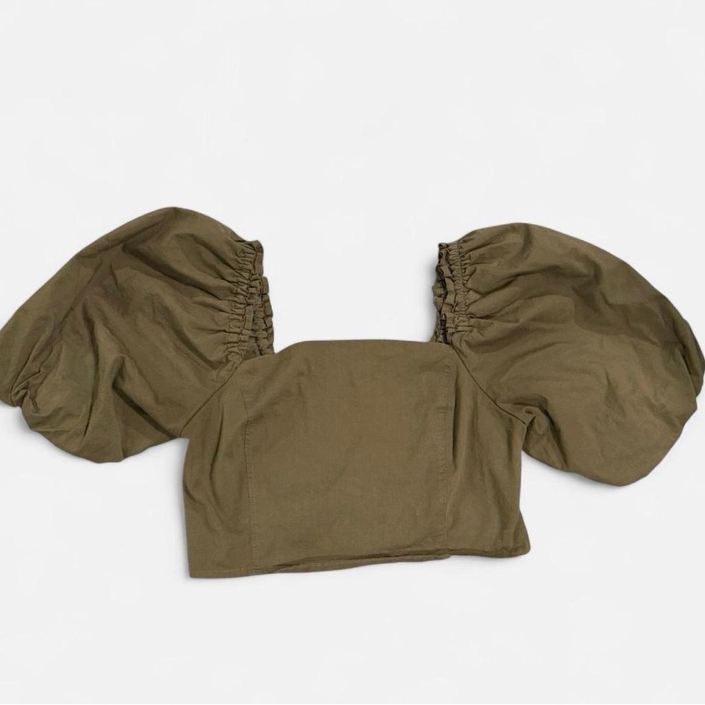 Jason Wu Smocked Puff Sleeve Crop Top Olive Green Size Medium Cotton